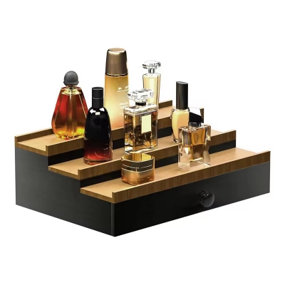 Wooden Cologne Organizer for Men 3 Tier of Elevated Cologne Display Shelf with Drawer Storage Perfume Organization