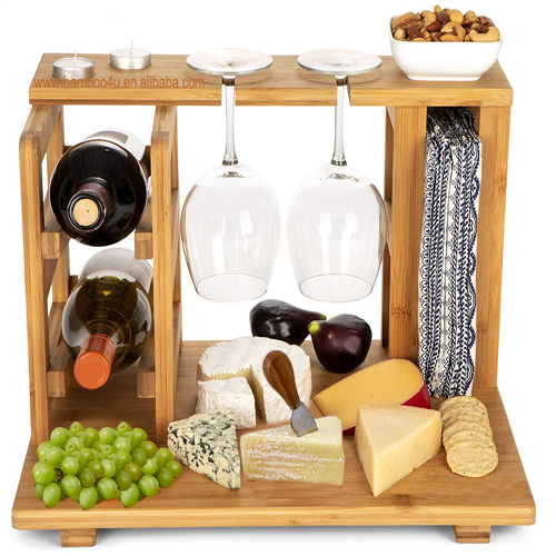 Bamboo wooden Wine Rack and Cheese Display Board with Wine Caddy, Wine Bottle and Glass Holder