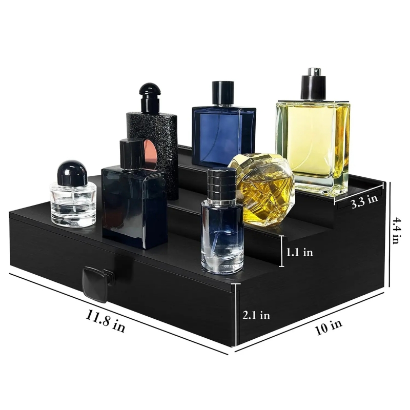 Wooden Cologne Organizer for Men 3 Tier of Elevated Cologne Display Shelf with Drawer Storage Perfume Organization