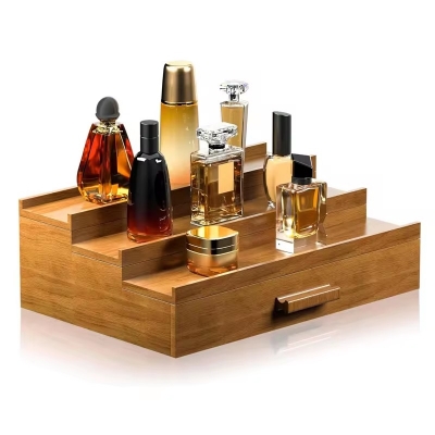 Wooden Cologne Organizer for Men 3 Tier of Elevated Cologne Display Shelf with Drawer Storage Perfume Organization