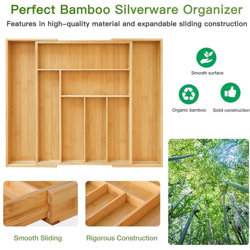 Adjustable Kitchen Drawer Dividers Cutlery Tray Bamboo Expandable Drawer Organizer for Utensils Holder