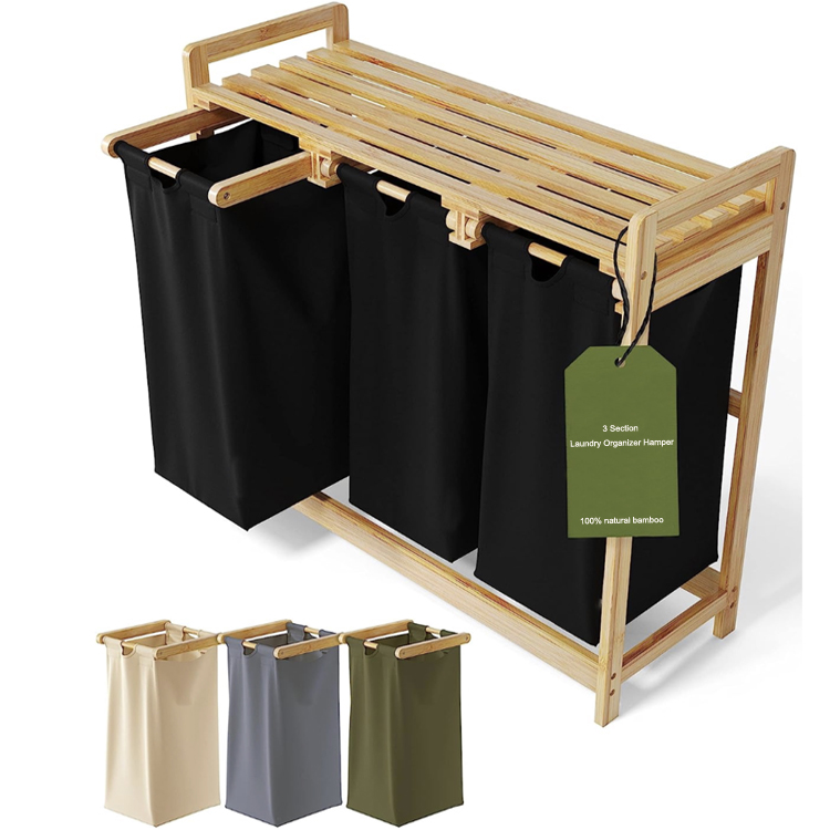 Bamboo Laundry Basket Portable Dirty Clothes Storage Hamper With Shelf and 3 Bags