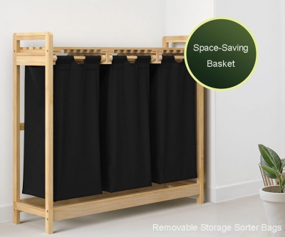 Bamboo Laundry Basket Portable Dirty Clothes Storage Hamper With Shelf and 3 Bags