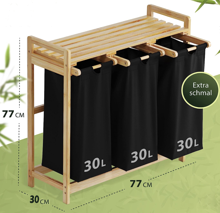 Bamboo Laundry Basket Portable Dirty Clothes Storage Hamper With Shelf and 3 Bags