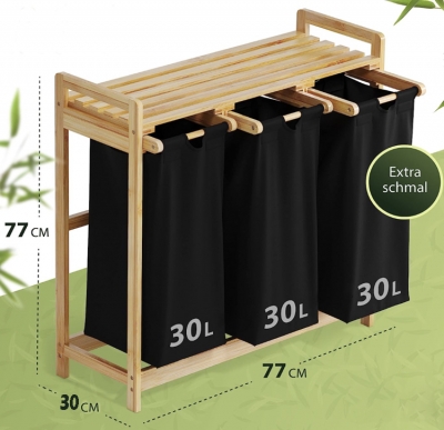 Bamboo Laundry Basket Portable Dirty Clothes Storage Hamper With Shelf and 3 Bags