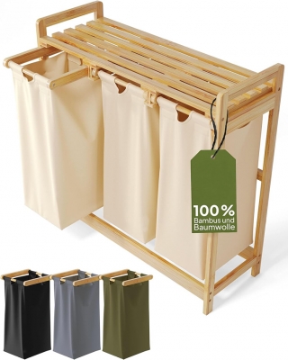 Bamboo Laundry Basket Portable Dirty Clothes Storage Hamper With Shelf and 3 Bags