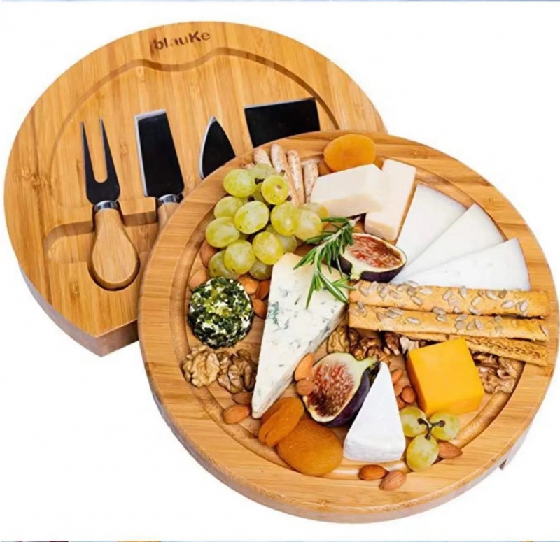 Round Bamboo wood Cheese Board with knife set