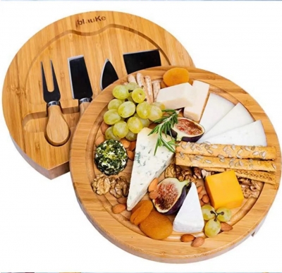 Round Bamboo wood Cheese Board with knife set