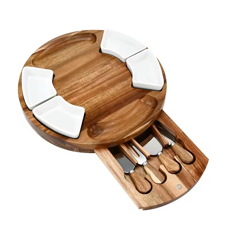 Round Acacia Wood Cheese Board with knife set