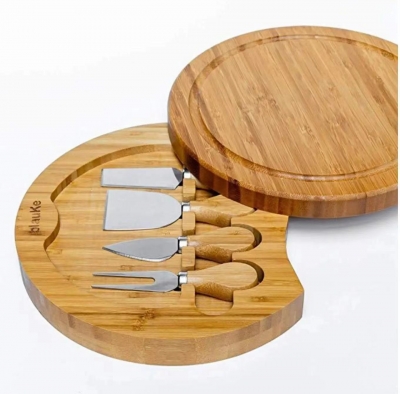 Round Bamboo wood Cheese Board with knife set