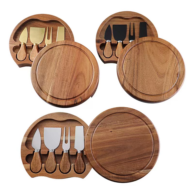 Round Bamboo wood Cheese Board with knife set