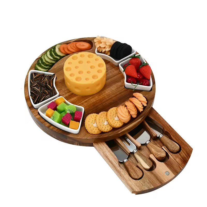 Round Acacia Wood Cheese Board with knife set