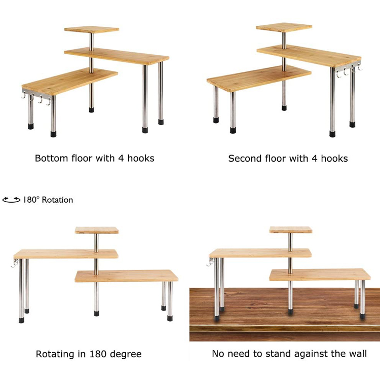 3 Tier Corner Shelf Bamboo & Metal Storage Spice Rack