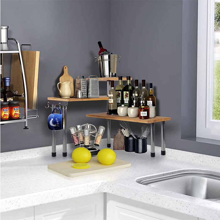 3 Tier Corner Shelf Bamboo & Metal Storage Spice Rack