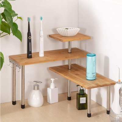 3 Tier Corner Shelf Bamboo & Metal Storage Spice Rack