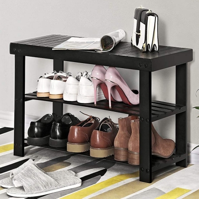 Black Bamboo Shoe Rack Bench 3-Tier