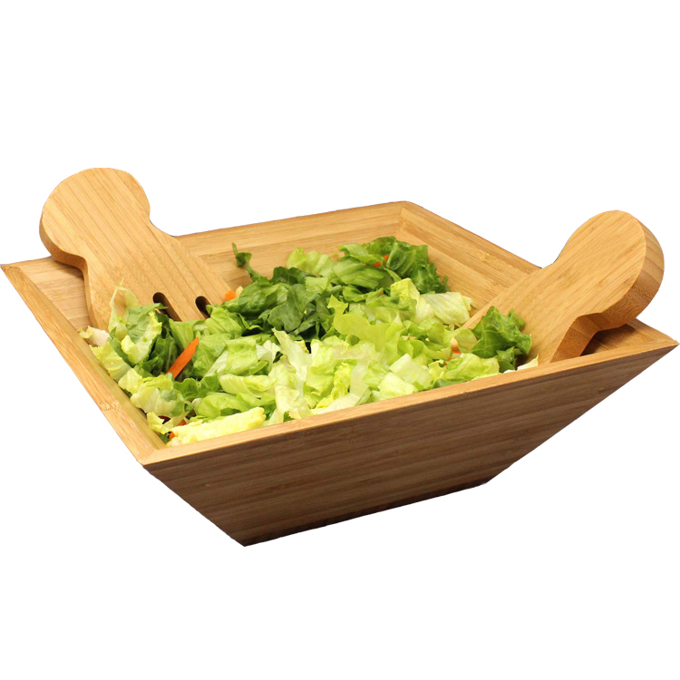 Bamboo Salad Bowl with Serving Hands