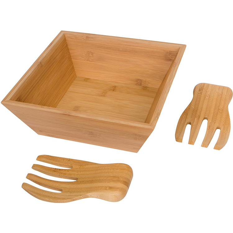 Bamboo Salad Bowl with Serving Hands